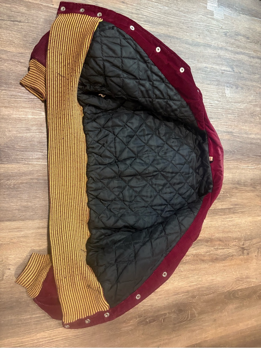 Vintage Unisex Varsity Burgundy Corduroy Bomber Jacket with Gold Trim - Picture 7 of 13